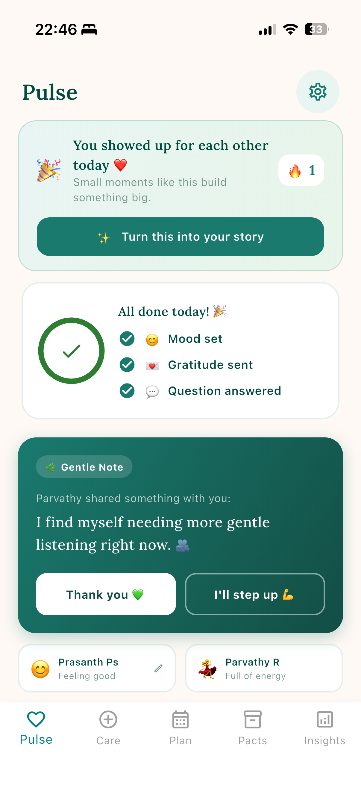 Pulse — daily check-ins, gratitude, and gentle notes